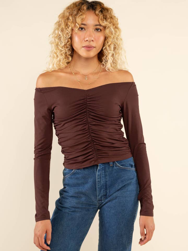 NLT – wholesale Knit top – Women's – Martel Ruched Long Sleeve Off Shoulder Top