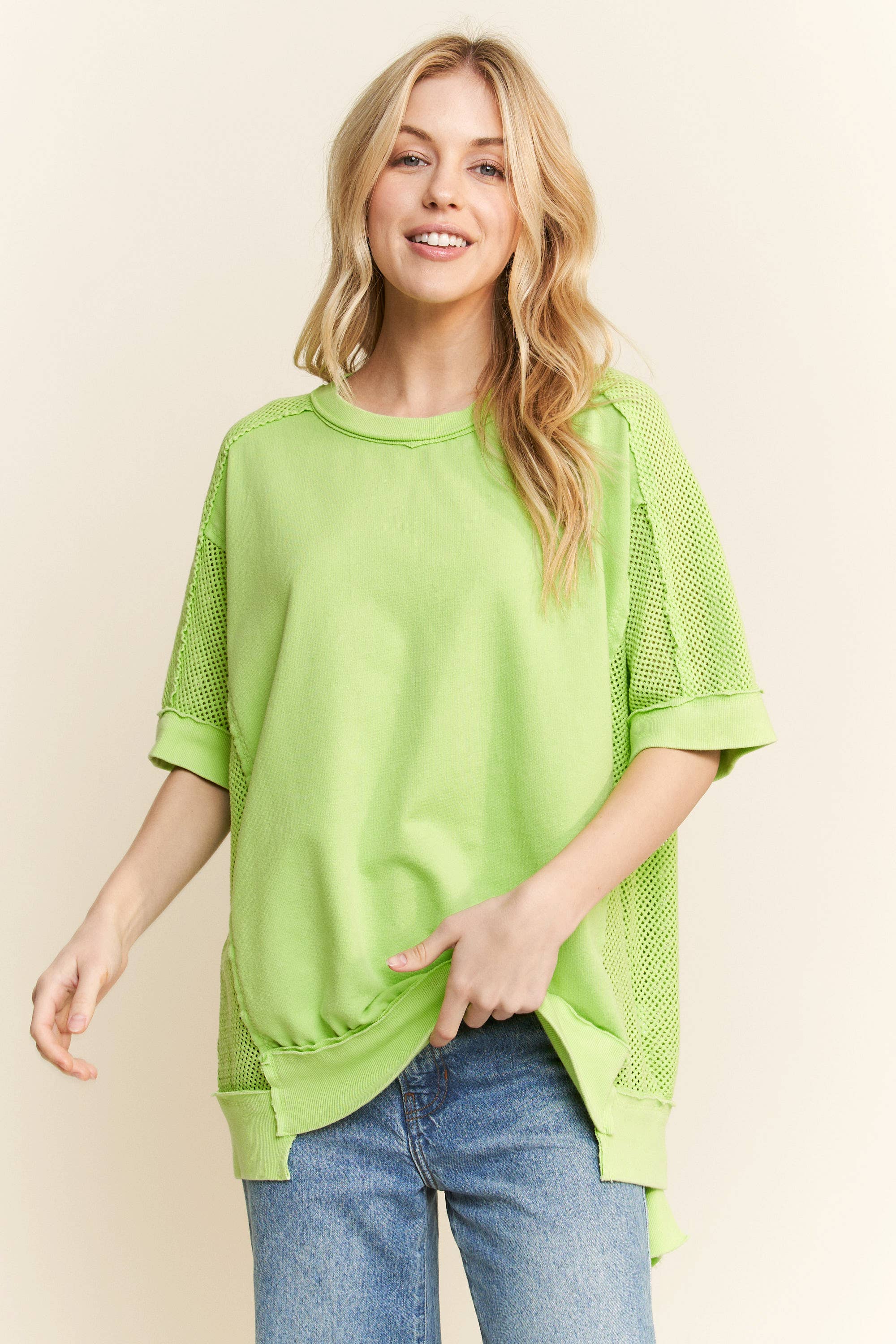 J.Her – wholesale T-shirt – women's – MineralWashed Open Mesh Tshirt HT63338