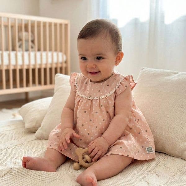 Vestido de Bebé com Estrelas e Gola de Renda com Cobre-fraldas por atacado de Minutus