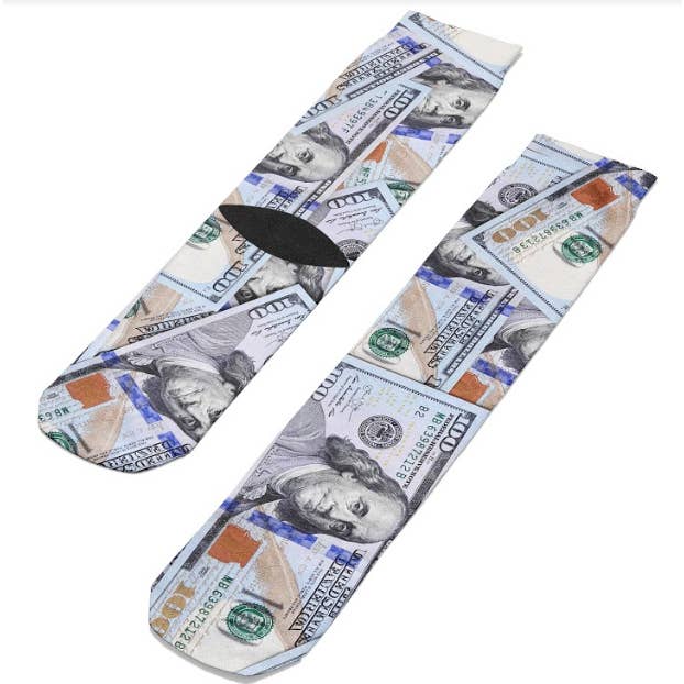 $100 Dollar Bill Novelty Socks for wholesale by Footnotes Novelty Socks