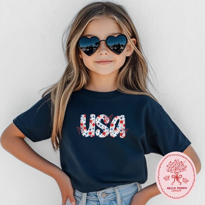 Coquette Floral USA 4th of July Youth Cotton Jersey T-Shirt for wholesale by Hello Poppy Company