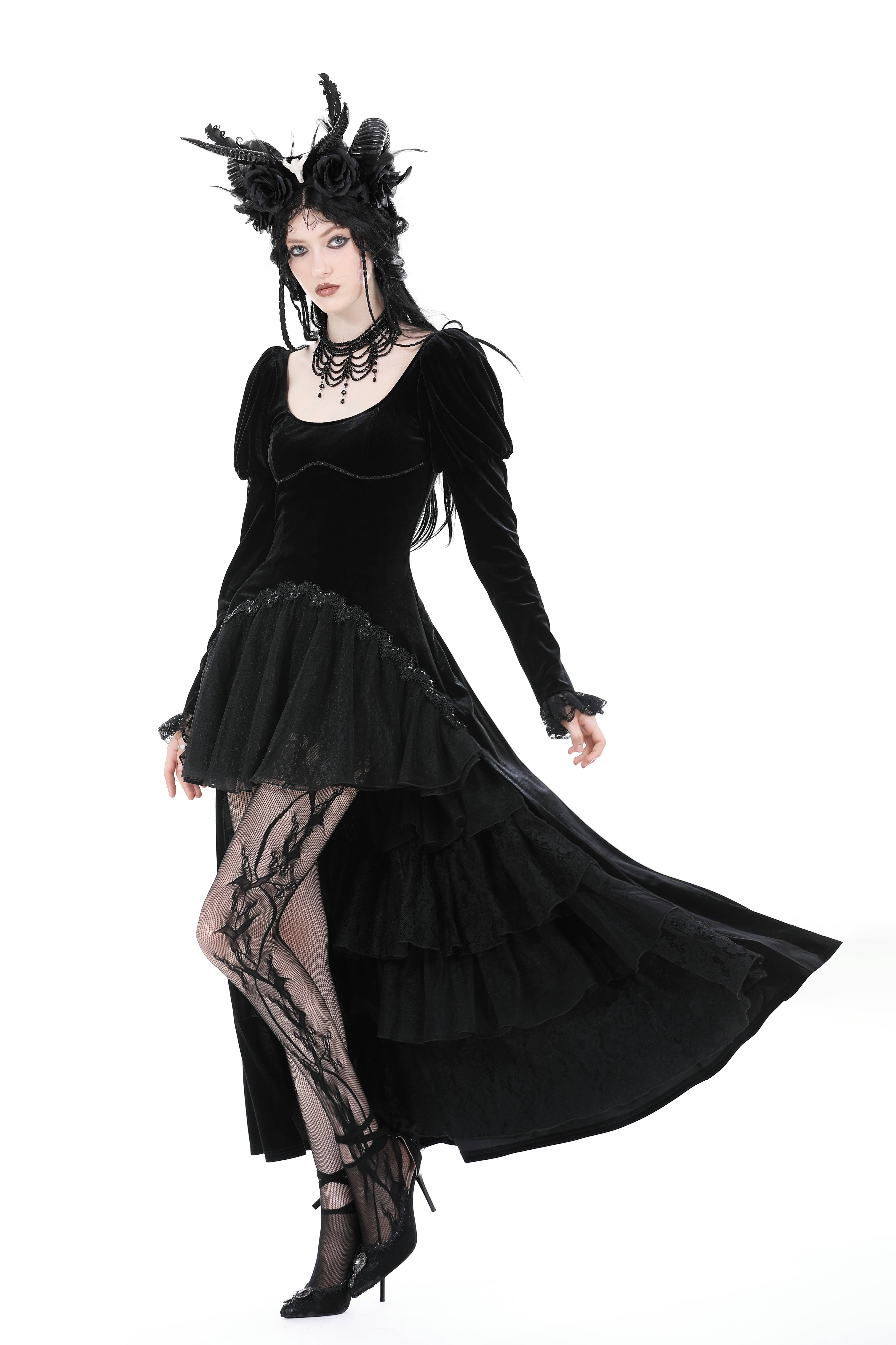 Western Fashion - Wholesale Dress - Women's - GOTHIC VELVET PUFF SLEEVE HIGH LOW DRESS3