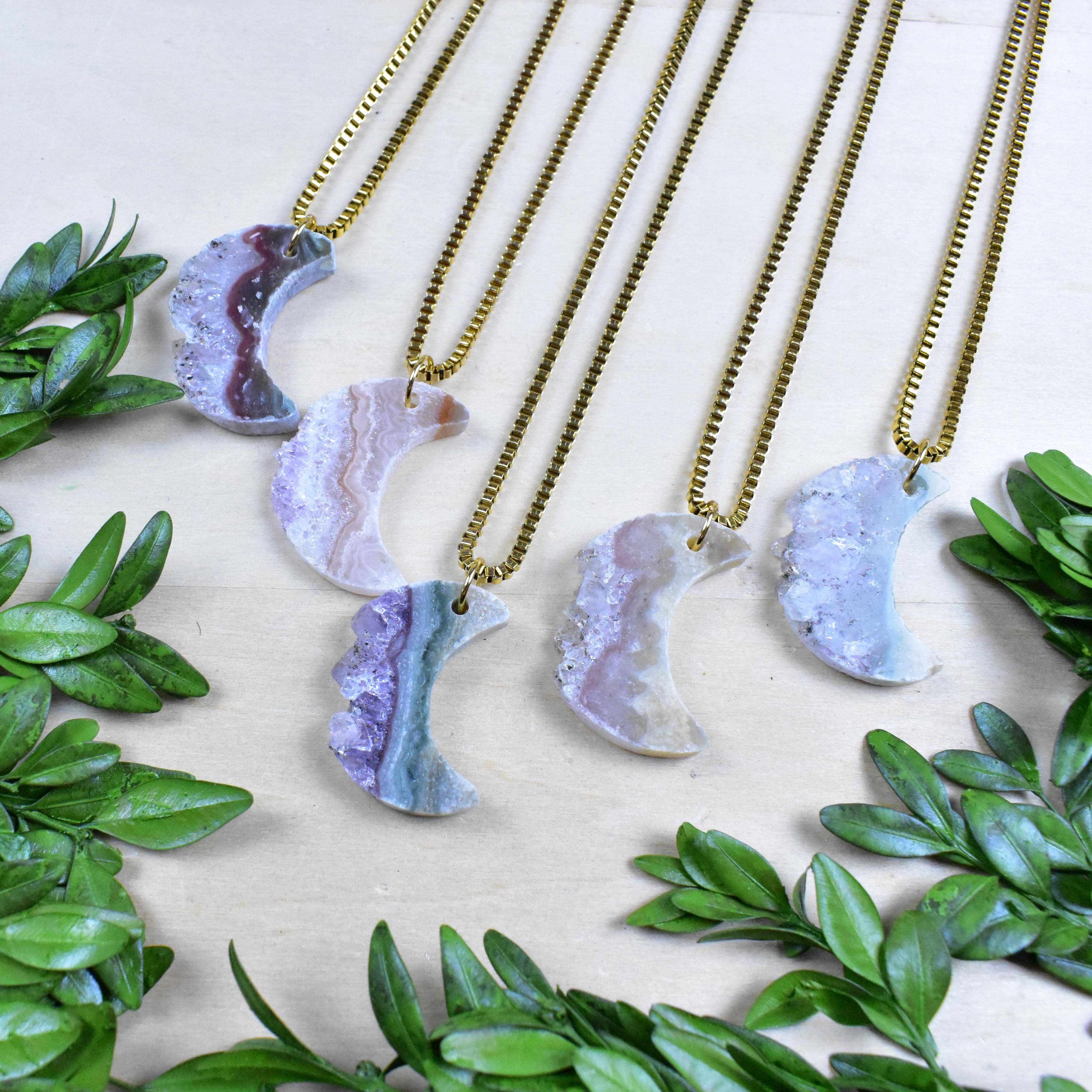 Ewelina Pas Jewelry - Wholesale Pendant/Charm Necklace - Gold Raw Crescent Moon Amethyst Slice Necklace8