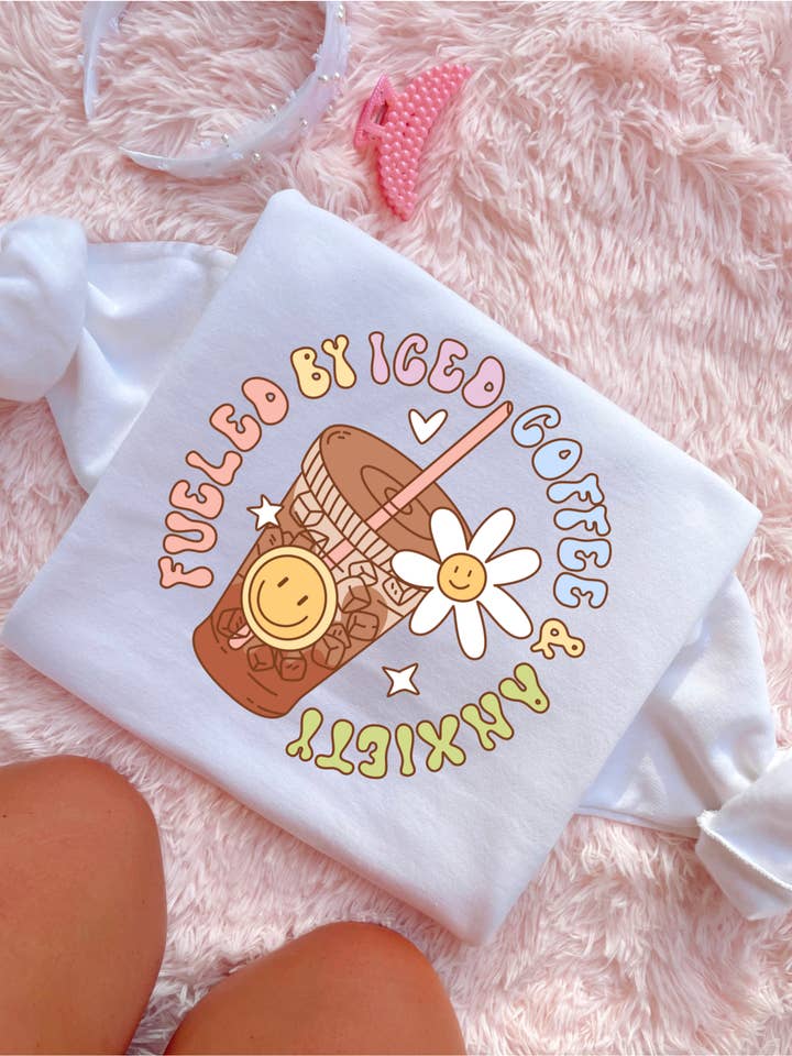 Fueled by iced coffee and anxiety sweater for wholesale by Kalei's Creations