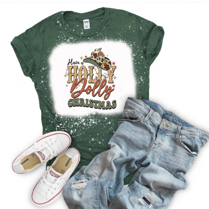 Women's Bleached Graphic Tshirt, Holly Dolly Christmas for wholesale by Crafty Mamas Creationz