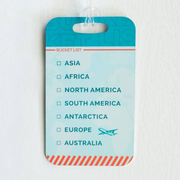 Bucket List Metal Luggage Tag and Bag Tag for wholesale by Wayfaring Prints