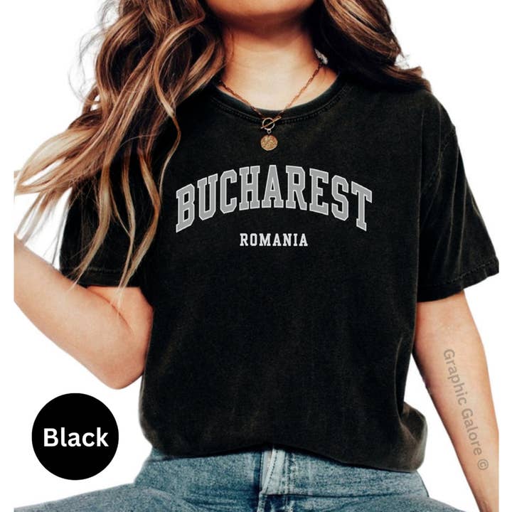 Graphic Galore - Wholesale Screen Printed T-Shirt - Women's - Bucharest Romania Shirt, Traditional Romanian Tee, Handmade Urban Fashion Gift, Romanian Pride T-Shirt, Romania Travel1