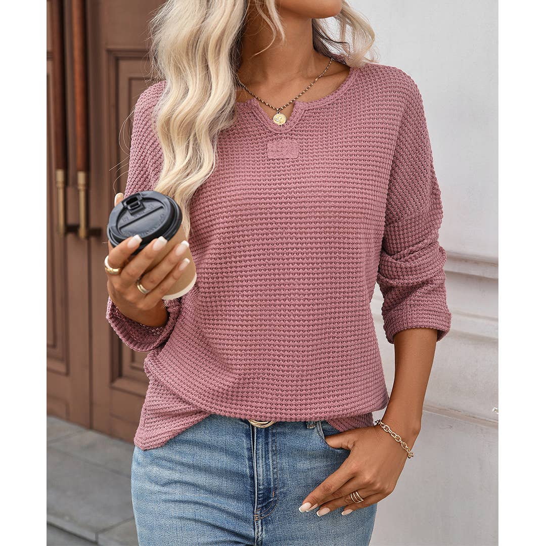 UNISHE - Wholesale Blouse - Women's - Striped Waffle Knit Long Sleeve Top MD23715