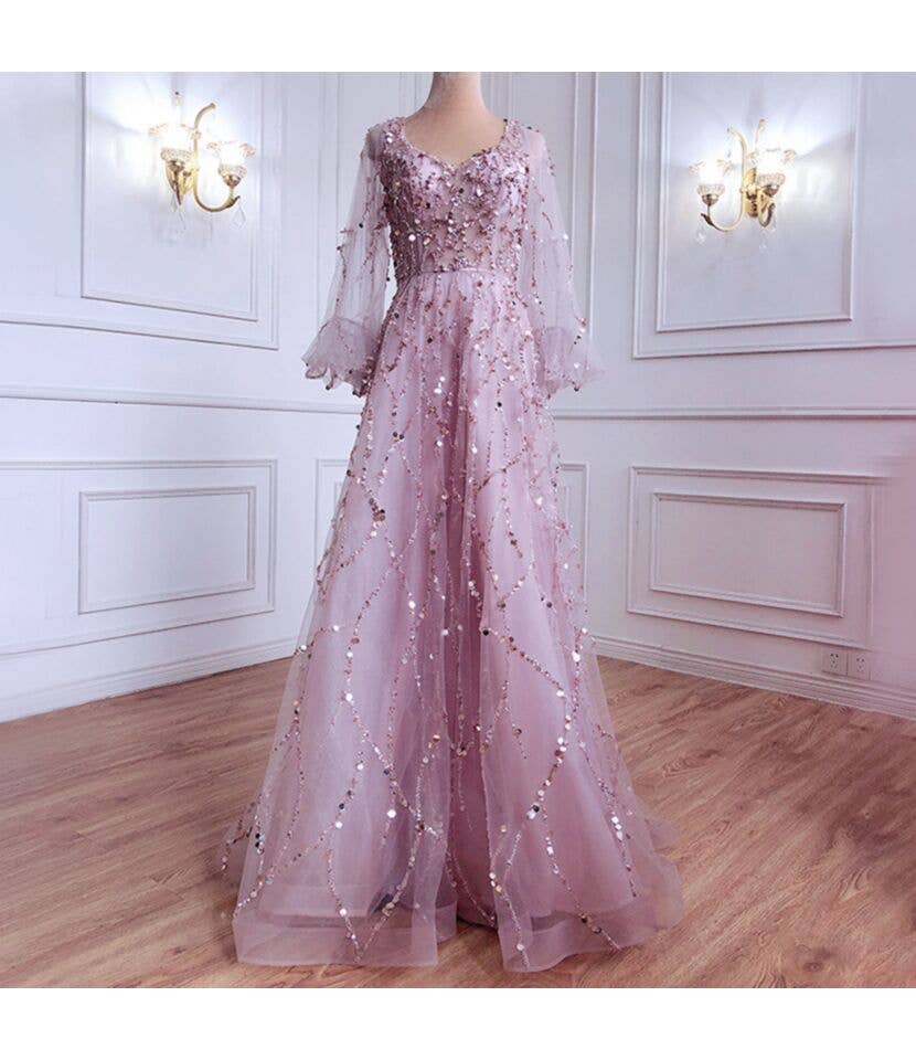 pinkblu02 - Wholesale Formele jurk - Dames - Kralen Avondjurk Met Pofmouwen Maxi Jurken3