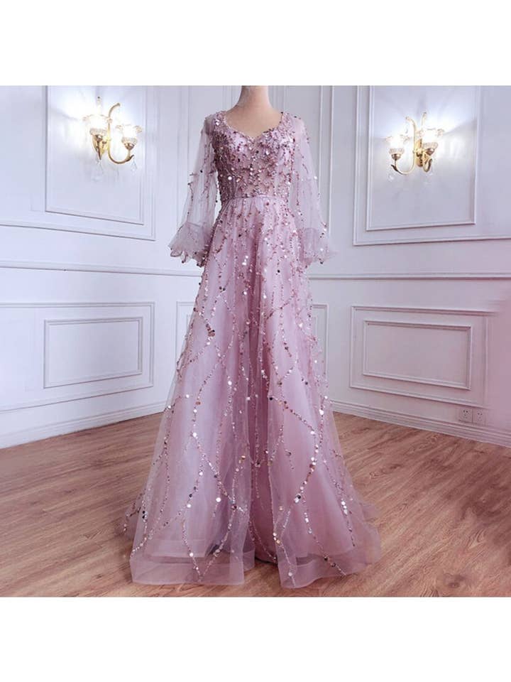 pinkblu02 - Wholesale Formele jurk - Dames - Kralen Avondjurk Met Pofmouwen Maxi Jurken3