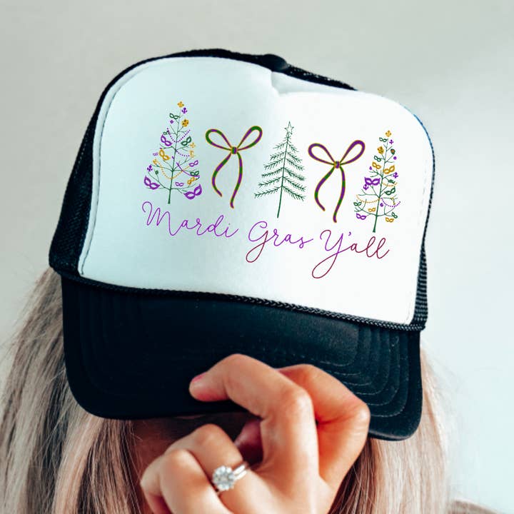 Preppy Mardi Gras Y’all Coquette Trucker Hat for wholesale by Gia Gifts Boutique