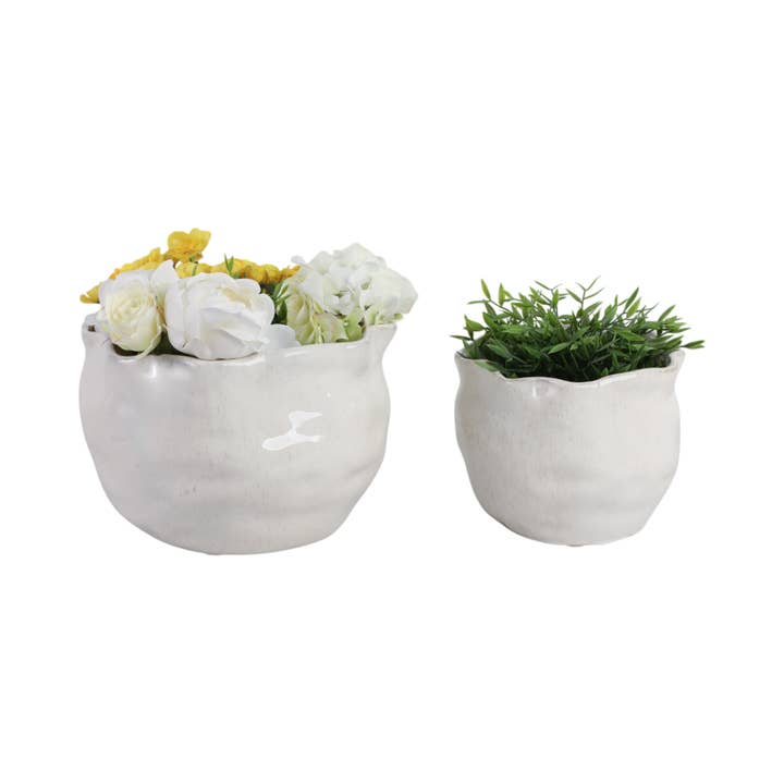 Sagebrook Home - Wholesale Plant Pot - 9/12 in. White Wavy Edge Stoneware Planters (Set of 2)