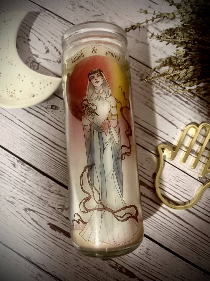 Protect and Banish spell prayer candle for wholesale by Krimson Canvas