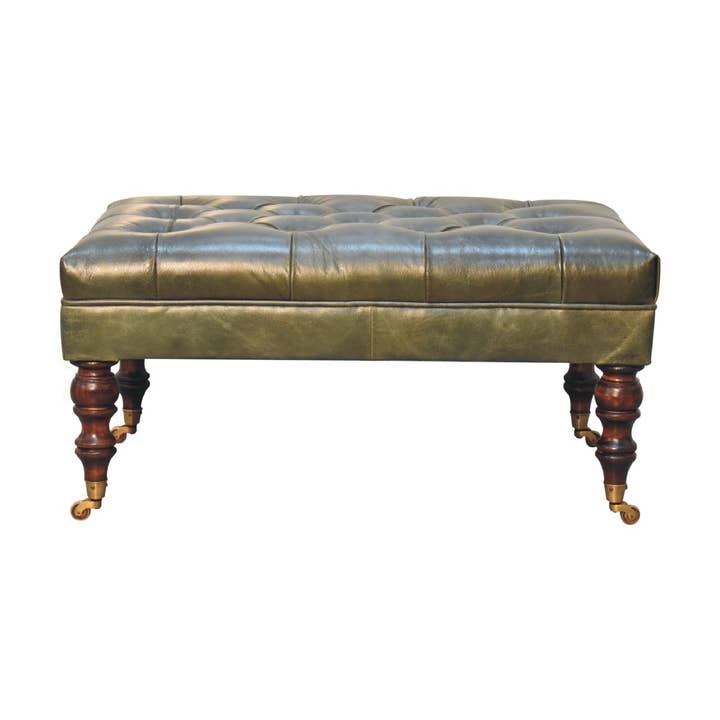 Buffalo Green Leather Ottoman with Castor Legs for wholesale by Artisan Furniture