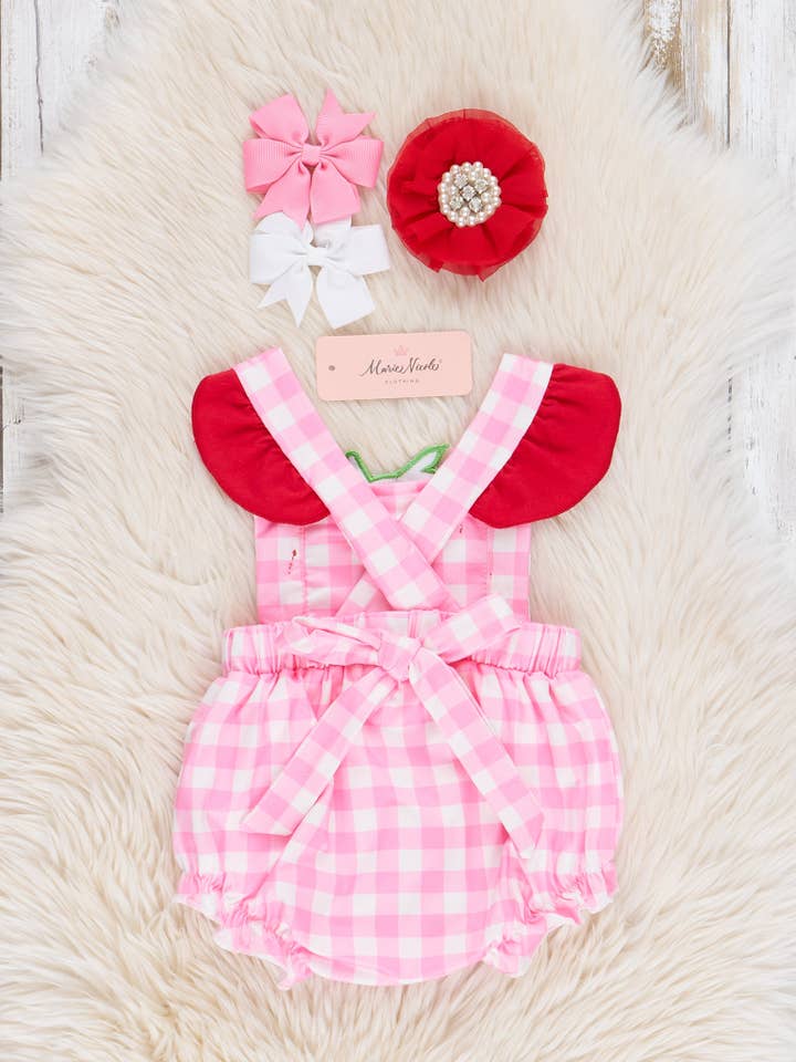 Marie Nicole Clothing - Wholesale Bodysuit (Non-Footed) - Baby - Red & Pink Gingham Strawberry Ruffle Bubble