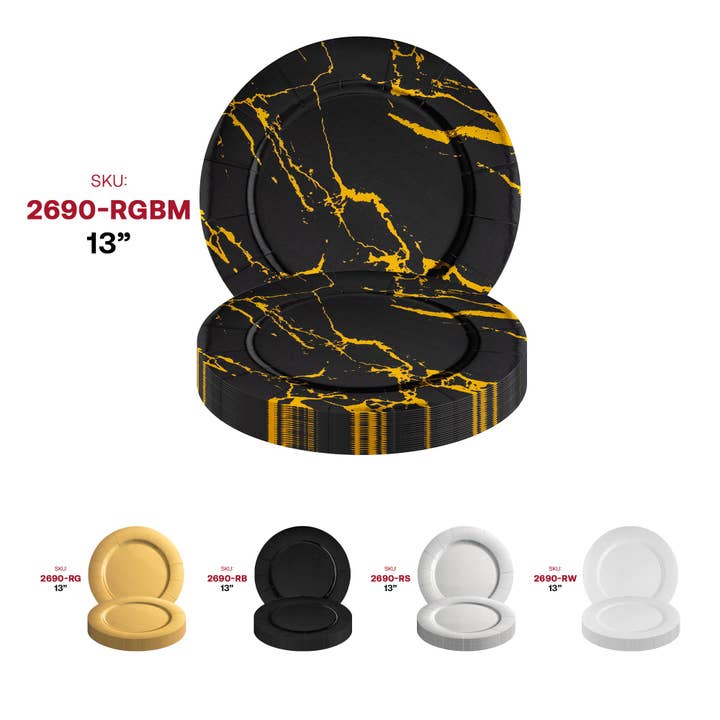 Smarty had a Party - Wholesale Disposable plate - 13" Black w/ Gold Marble Round Paper Charger Plates - 10 pcs5