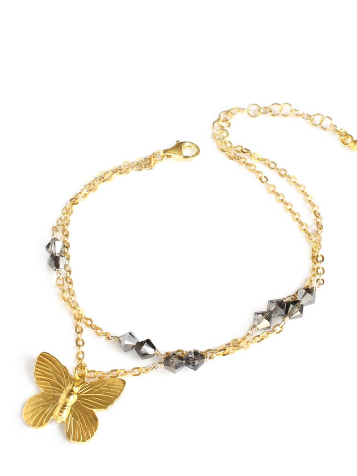 Double chain butterfly bracelet with Black Diamond crystals for wholesale by DIGE DESIGNS
