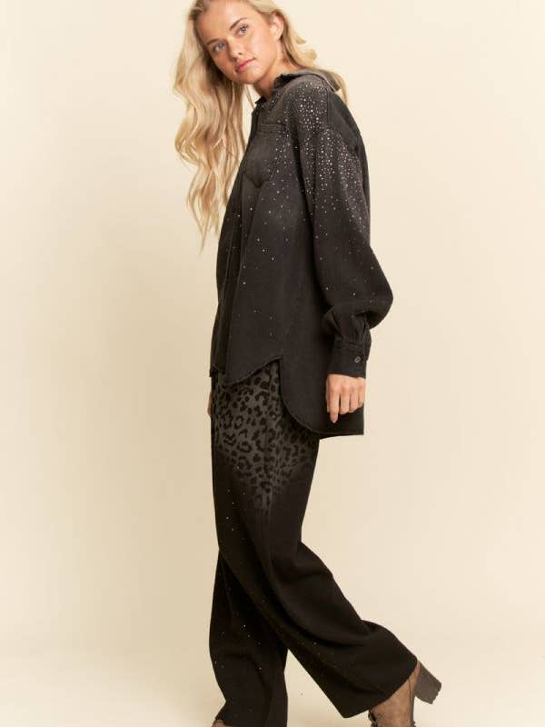 Davi & Dani - Wholesale Shirt – Women’s - OVERSIZED RHINESTONE CHEST POCKET DENIM SHIRT8