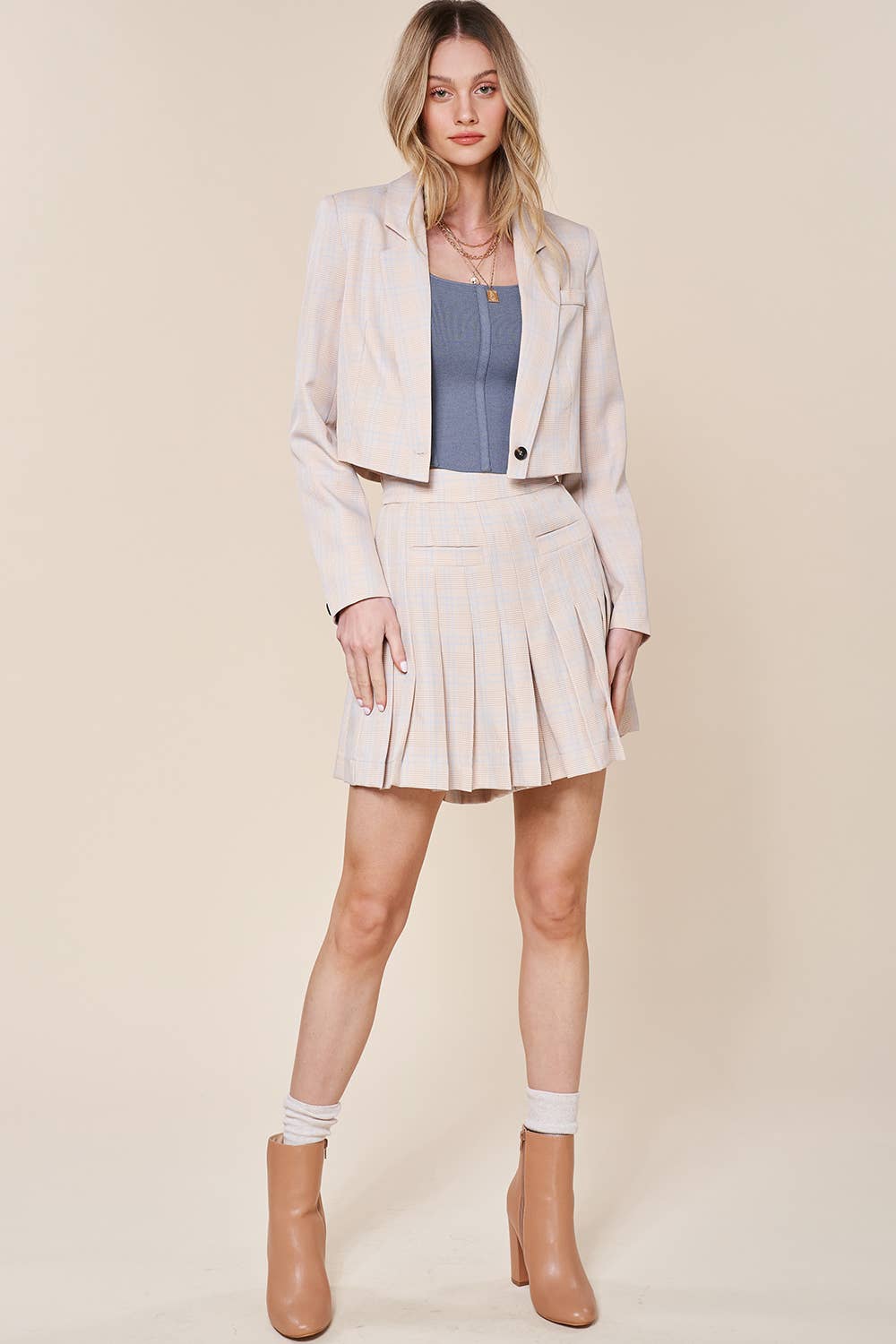 Listicle - Wholesale Top & Short Set (NOT Loungewear) - Women's - Plaid Cropped Blazer & Pleated Skort Set LSET12538