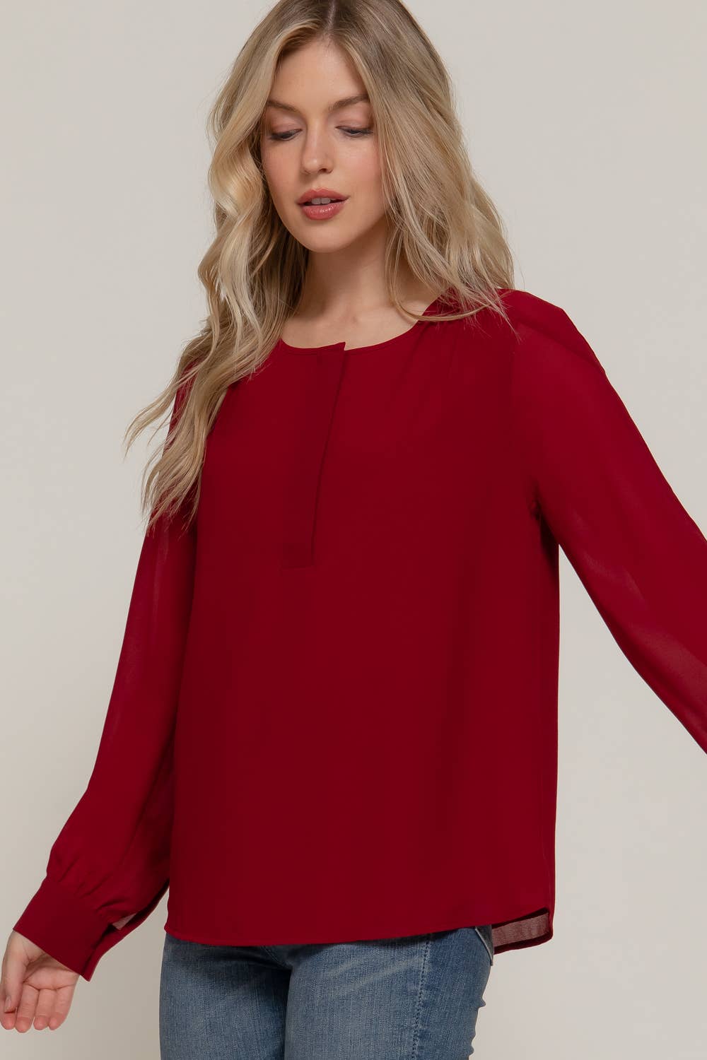 Active Basic | Active USA - Wholesale Blouse - Women's - Long Sleeve Round Neck with Hidden Placket Chiffon Blouse6