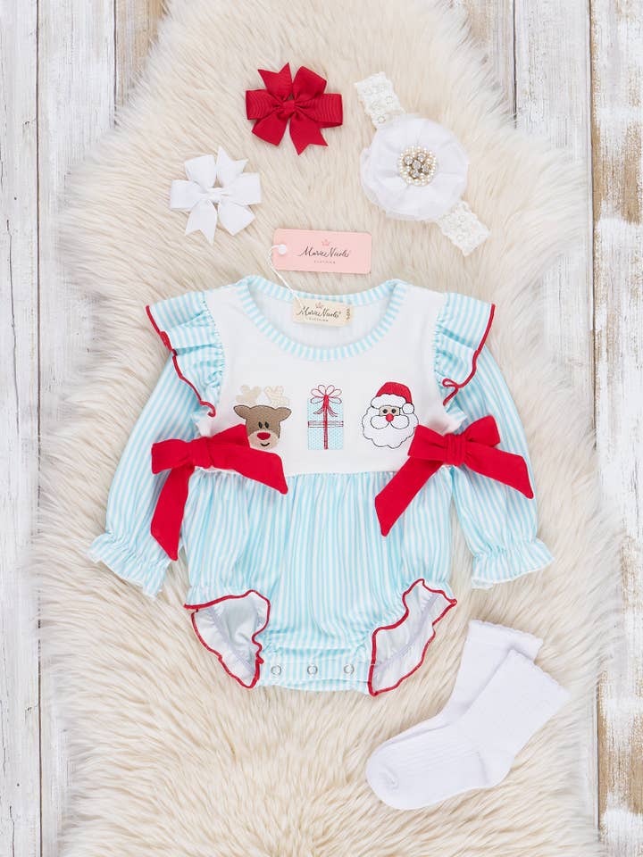 Marie Nicole Clothing - Wholesale Bodysuit (Non-Footed) - Baby - Red & Blue Embroidered Season's Greetings Ruffle Bubble