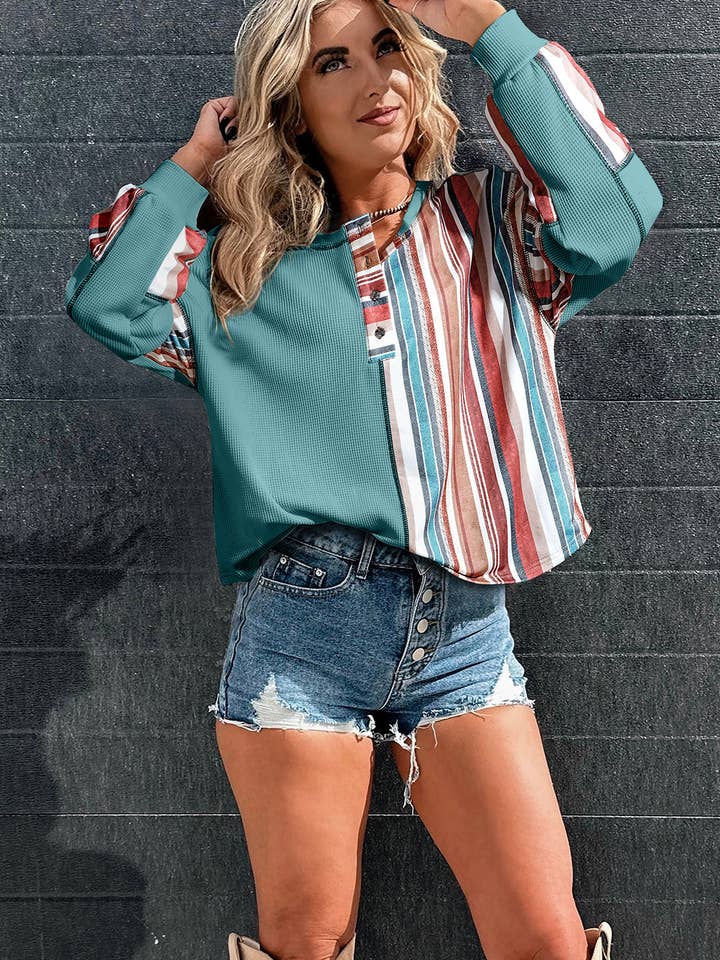 Lovesoft - Wholesale Knit Top - Women's - Beige Striped Waffle Patchwork Exposed Seam Raw Edge Casual Knit Top4