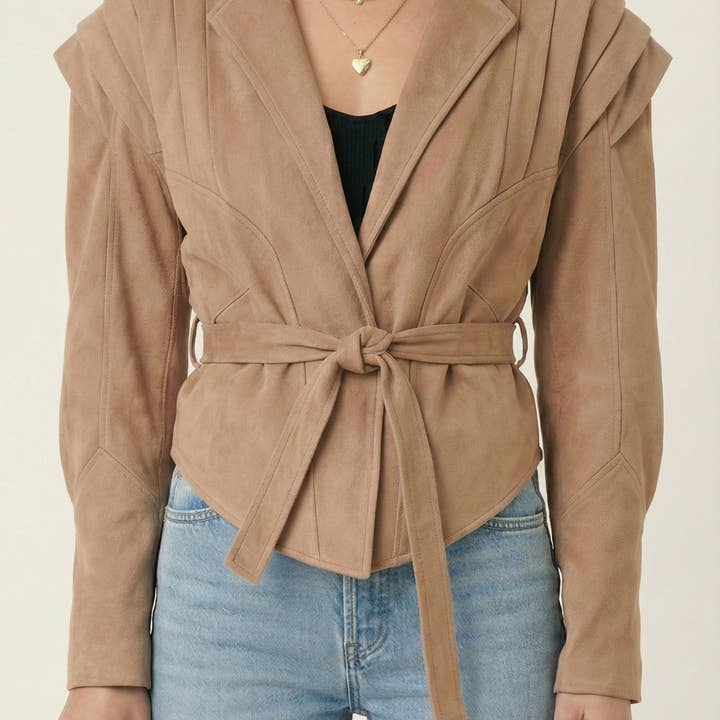 Structured Belted Jacket with Pleated Shoulders and Tailored Seaming for wholesale by Modenaire