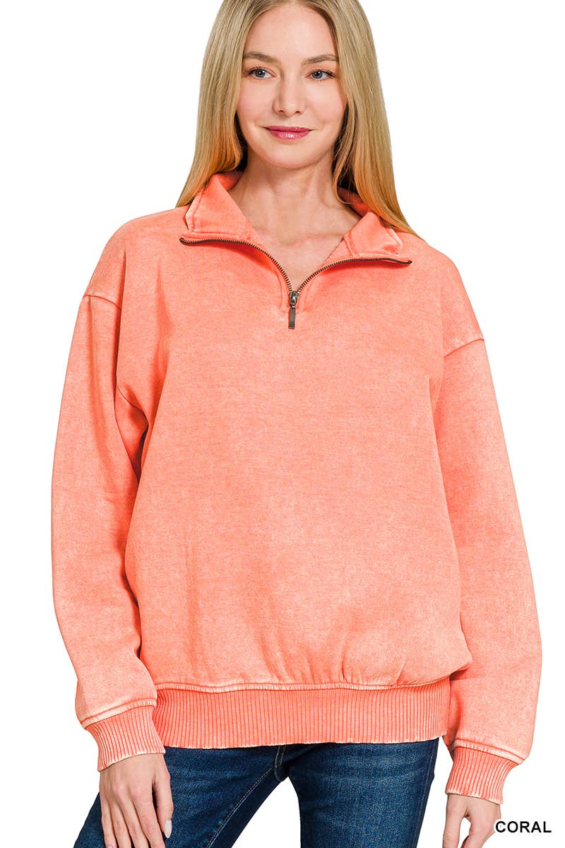 42POPS - Wholesale Sweatshirt - Women's - ,..0810 Acid Wash Fleece Half Zip Pullover SI-267484