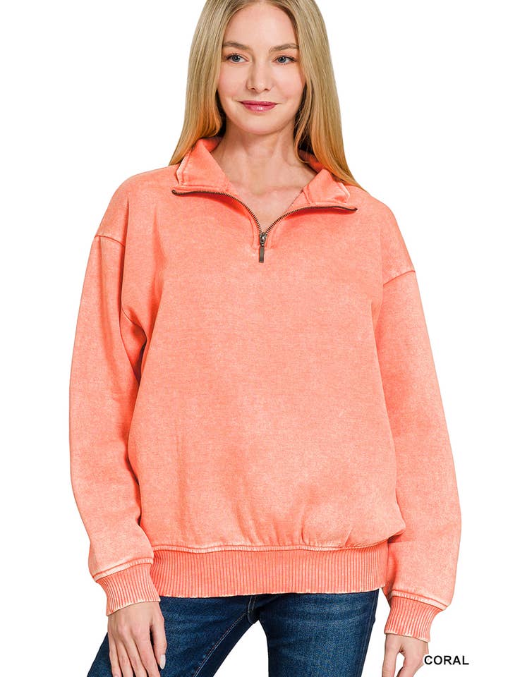 42POPS - Wholesale Sweatshirt - Women's - ,..0810 Acid Wash Fleece Half Zip Pullover SI-267484