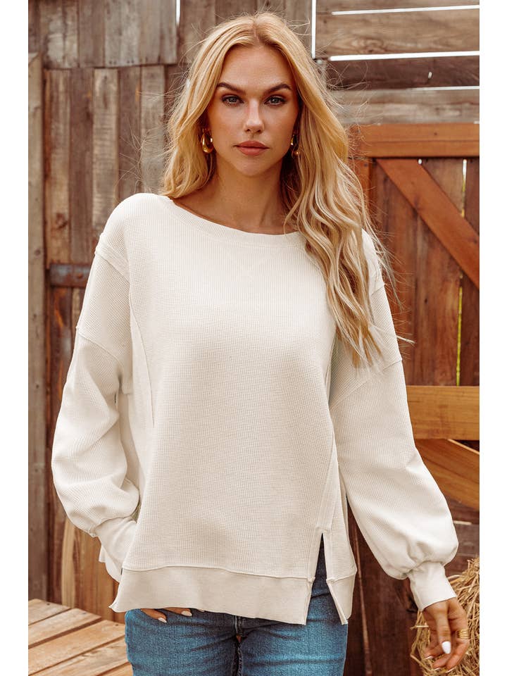 fashionworks - Wholesale Sweatshirt - Women's - Waffle Knit Bishop Sleeve Split Oversized Sweatshirt*S-2XL8