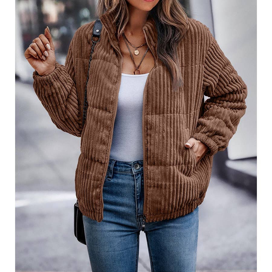 Gray Fuzzy Pocket Zipper Strip Coat Jacket for wholesale on Faire3