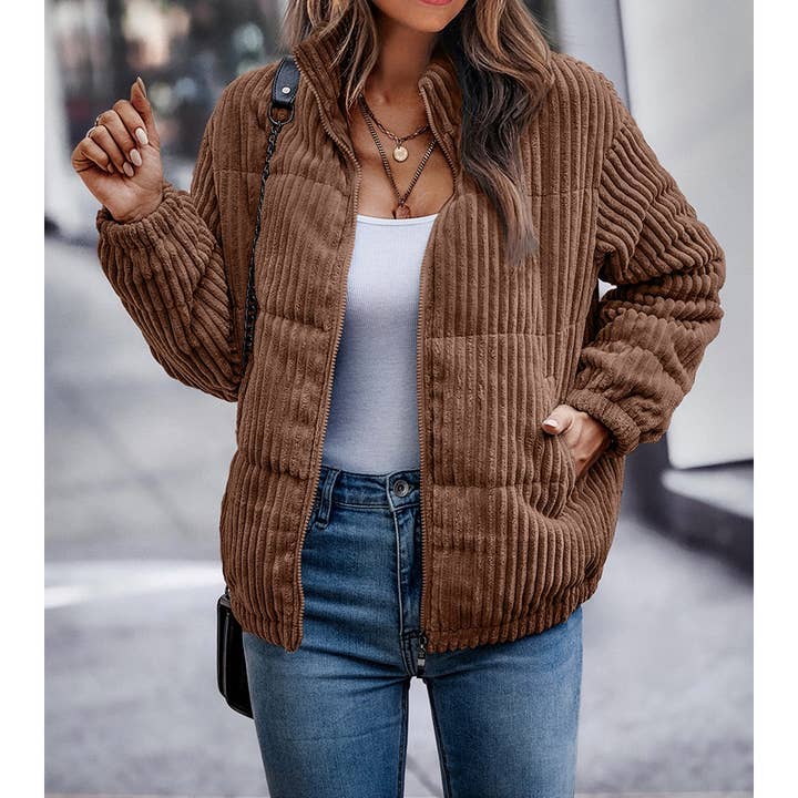 Fuzzy Pocket Zipper Strip Coat Jacket for wholesale by Supreme Fashion