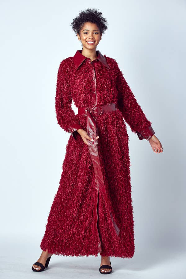 QMP Moda - Wholesale Jacket - Women's - FAUX OSTRICH FUR MAXI JACKET WITH BELT  1