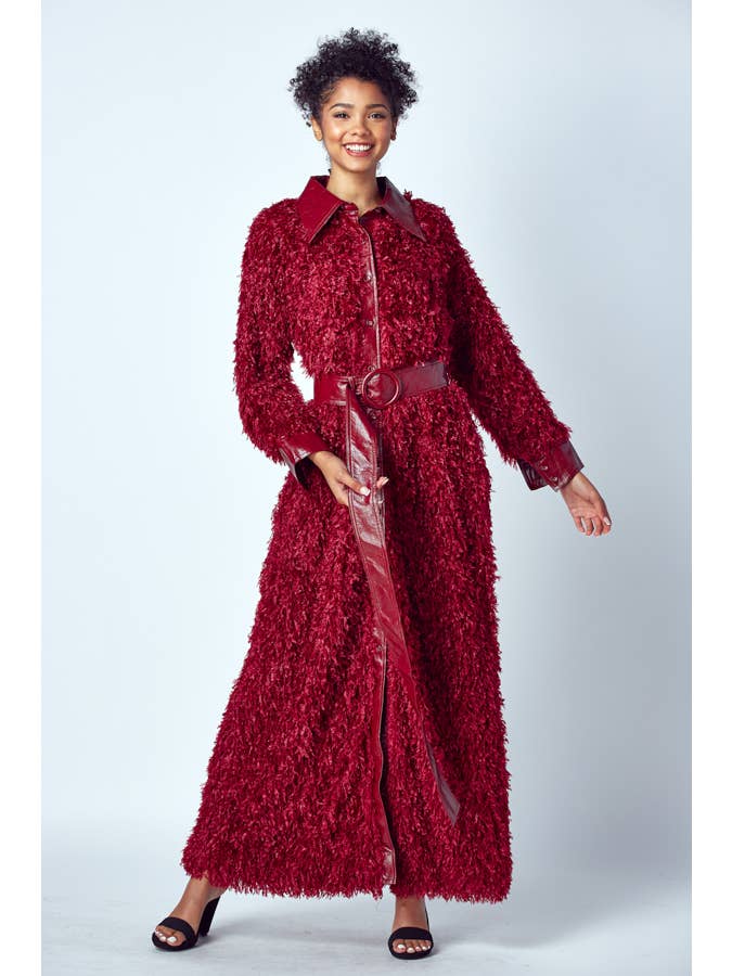 QMP Moda - Wholesale Jacket - Women's - FAUX OSTRICH FUR MAXI JACKET WITH BELT 1