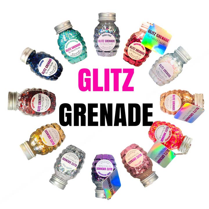 MULTI Neva Nudes Full Arsenal Of 12 Glitz Grenade Keychains in Aloe Gel OVER 21oz of GLITTER for wholesale on Faire10