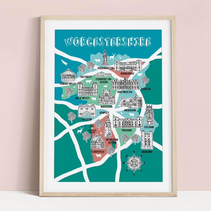 Stampa mappa Worcestershire per la vendita all'ingrosso da parte di Bea Baranowska Illustration