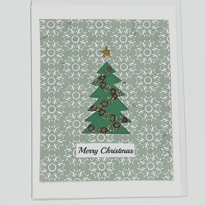 Christmas Card With Chains On Small Tree for wholesale by Marie's Paperie