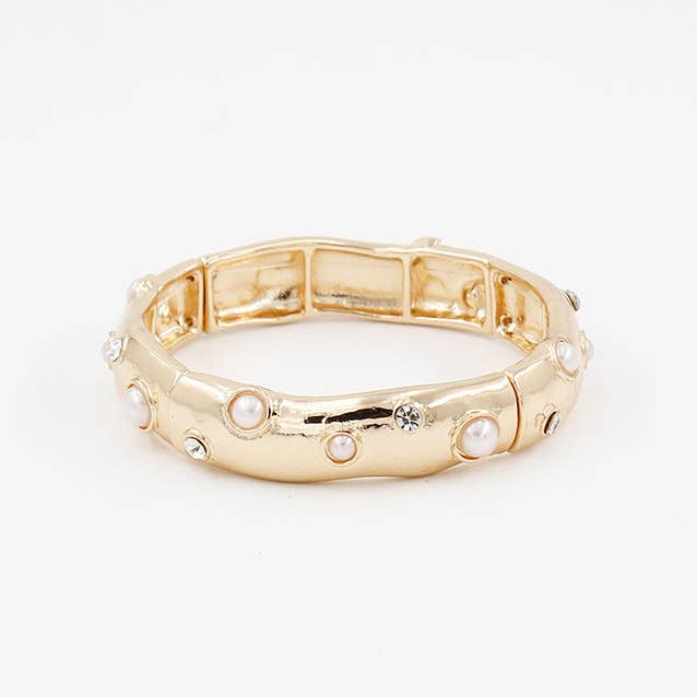 What's Hot - Wholesale Bangle Bracelet - Gold Stretch Bracelet with Multi Rhinestone and Pearl Studded Accents