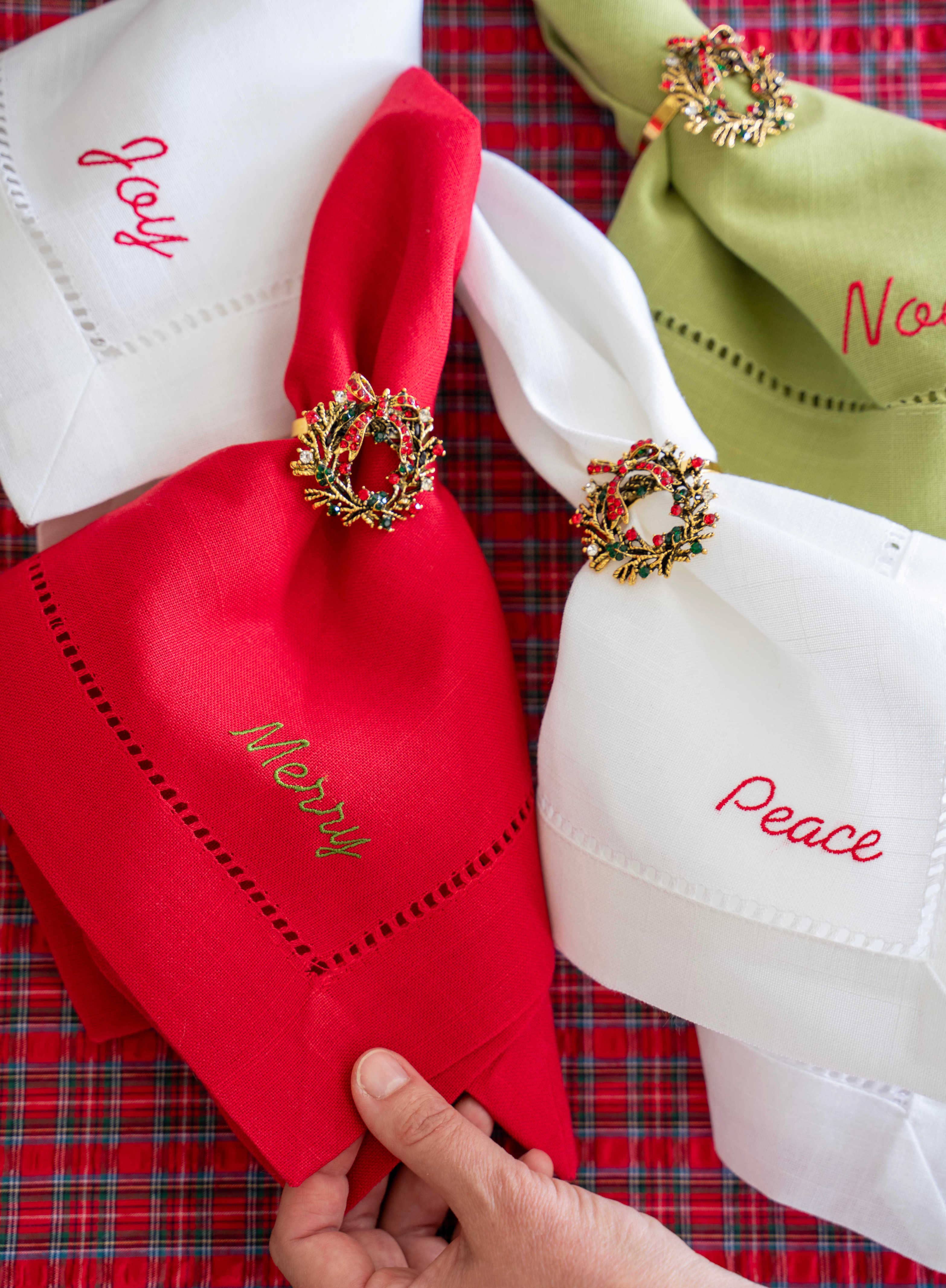 Dot and Army - Wholesale Dinner & Cloth Napkin - Holiday Words Hemstitch Cloth Napkins, set of four4