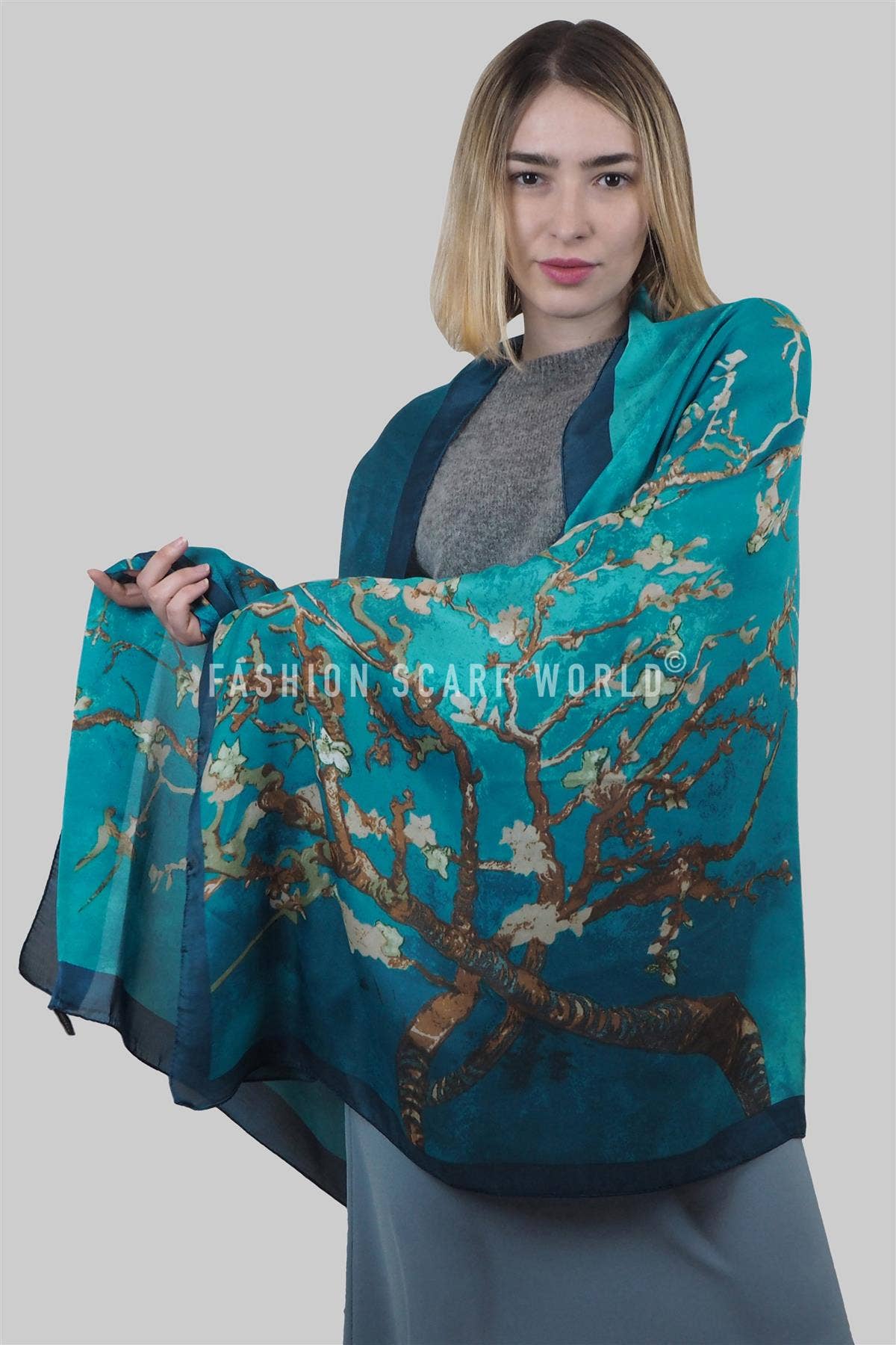 Blue Van Gogh Almond Blossom Print Silk Scarf for wholesale on Faire1