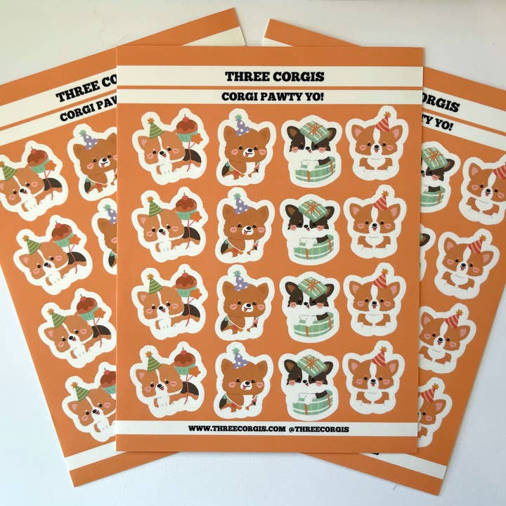 CORGI PAWTY STICKER SHEET for wholesale by Three Corgis