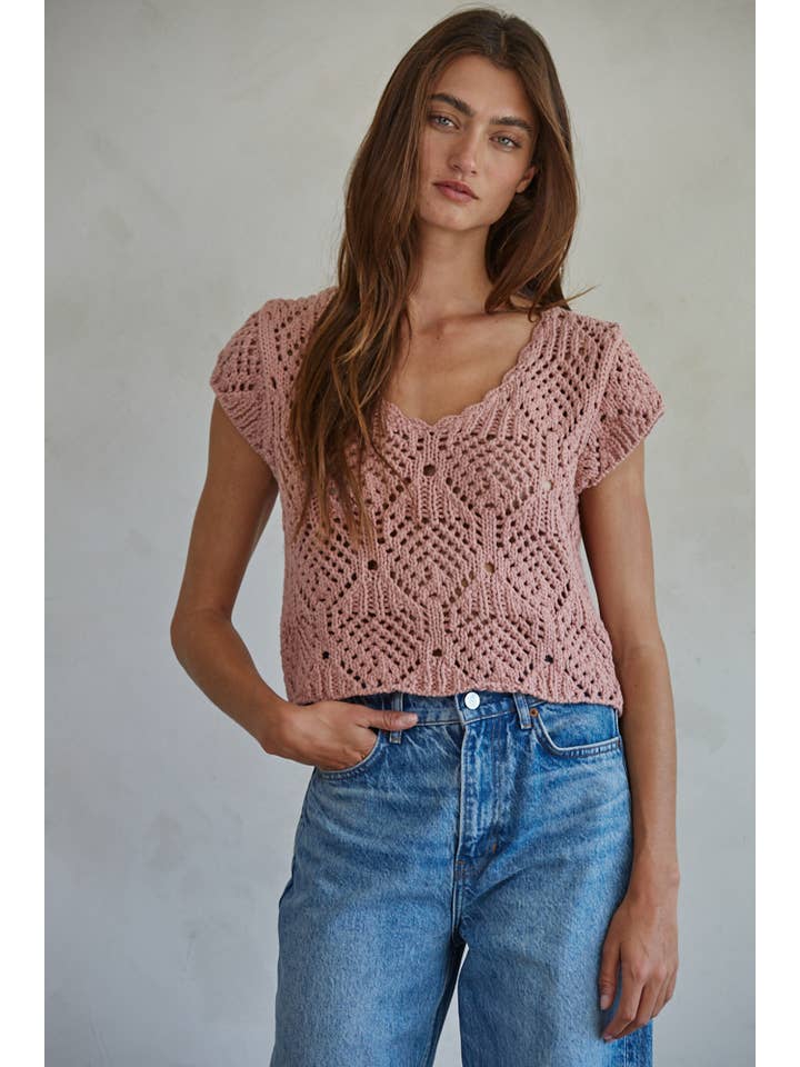 By Together - Wholesale Knit Top - Women's - W2030 | Knit Sweater Cotton Crochet V-Neck Cap Sleeve Top