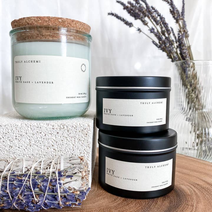 Truly Alchemi - Wholesale Jar/Filled Candle - Ivy - White Sage & Lavender {Recycled Glass Jar}2