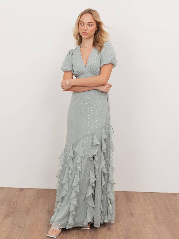 Anaya With Love Återvunnen Molnblå Kortärmad V-ringad Volang Maxiklänning för wholesale av Plaza Collection Ltd