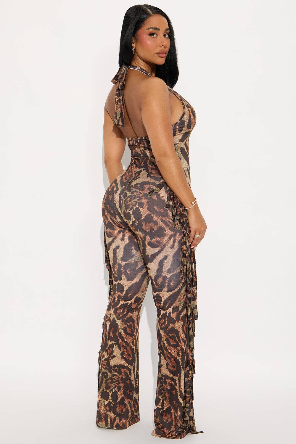 Olive Combo LEOPARD HALTER FRINGE JUMPSUIT for wholesale on Faire2