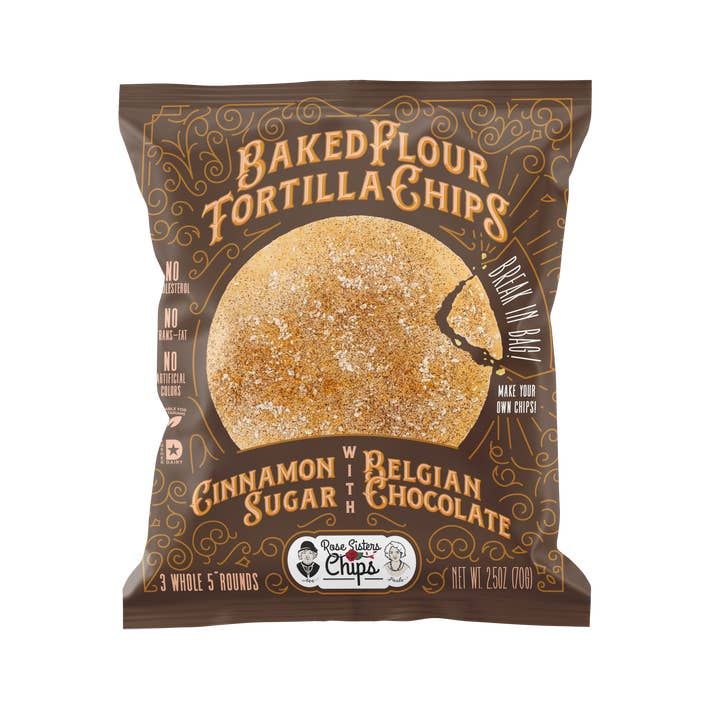 Cinnamon Sugar w Choc Baked Flour Tortilla Chips -Single Srv for wholesale by Rose Sisters Chips