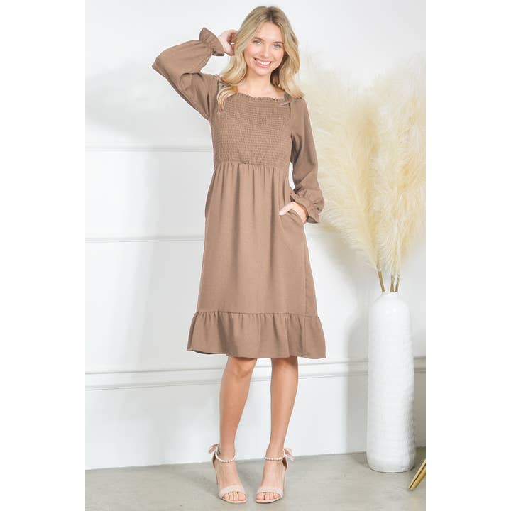 Smocking Dress Long Sleeve Ruffle Hem Smocking Crepe Midi and other Purchase Wholesale t shirts under $1. Free Returns & Net 60 Terms on Faire trending on Faire.