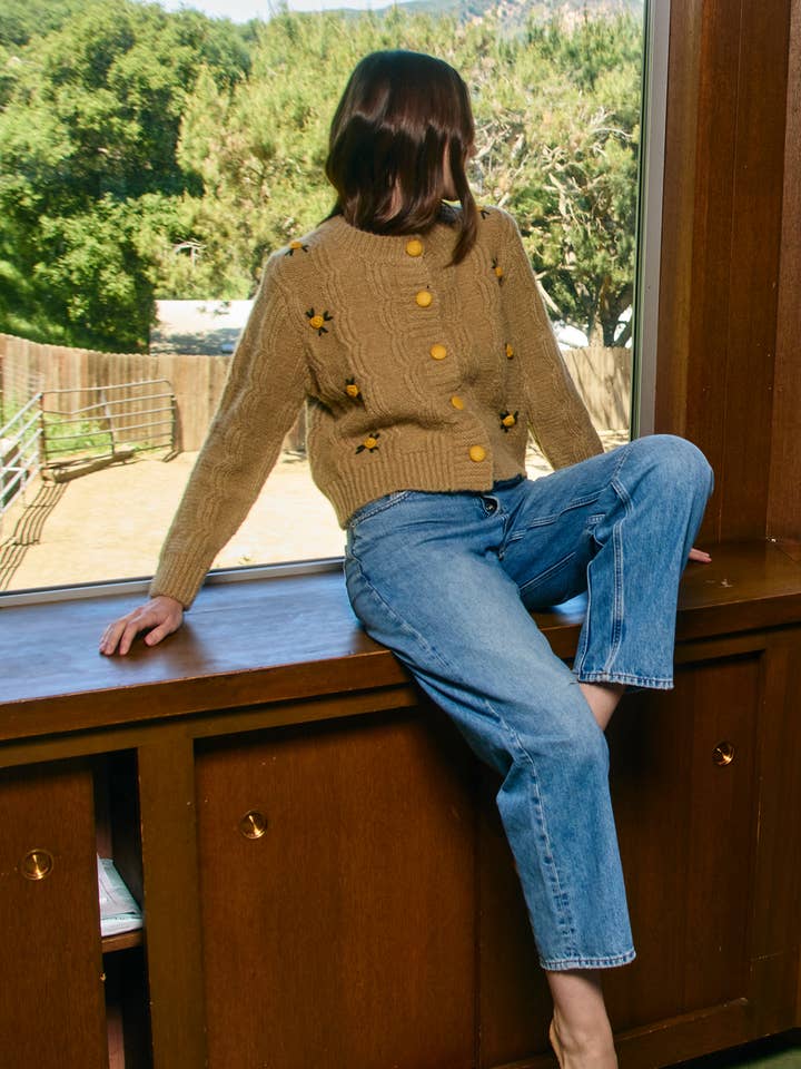 KHAKI Textured Knit Cardigan with 3D Floral Embroidery - MS2402 for wholesale on Faire3