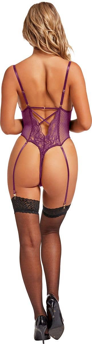 Lingerie Mart – wholesale Lingerie bodysuit – Women's – Seven til Midnight Lace And Dot Mesh High Cut Leg Teddy10