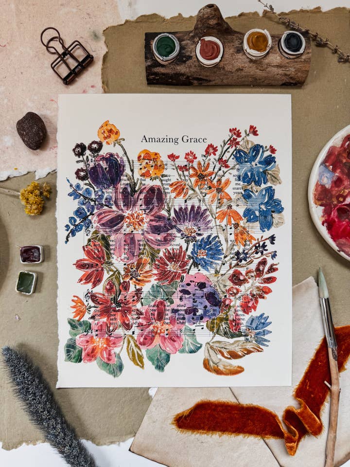 "Amazing Grace" Fine Art Print | Hymn Music Sheet Painting for wholesale by Patsy Shaw